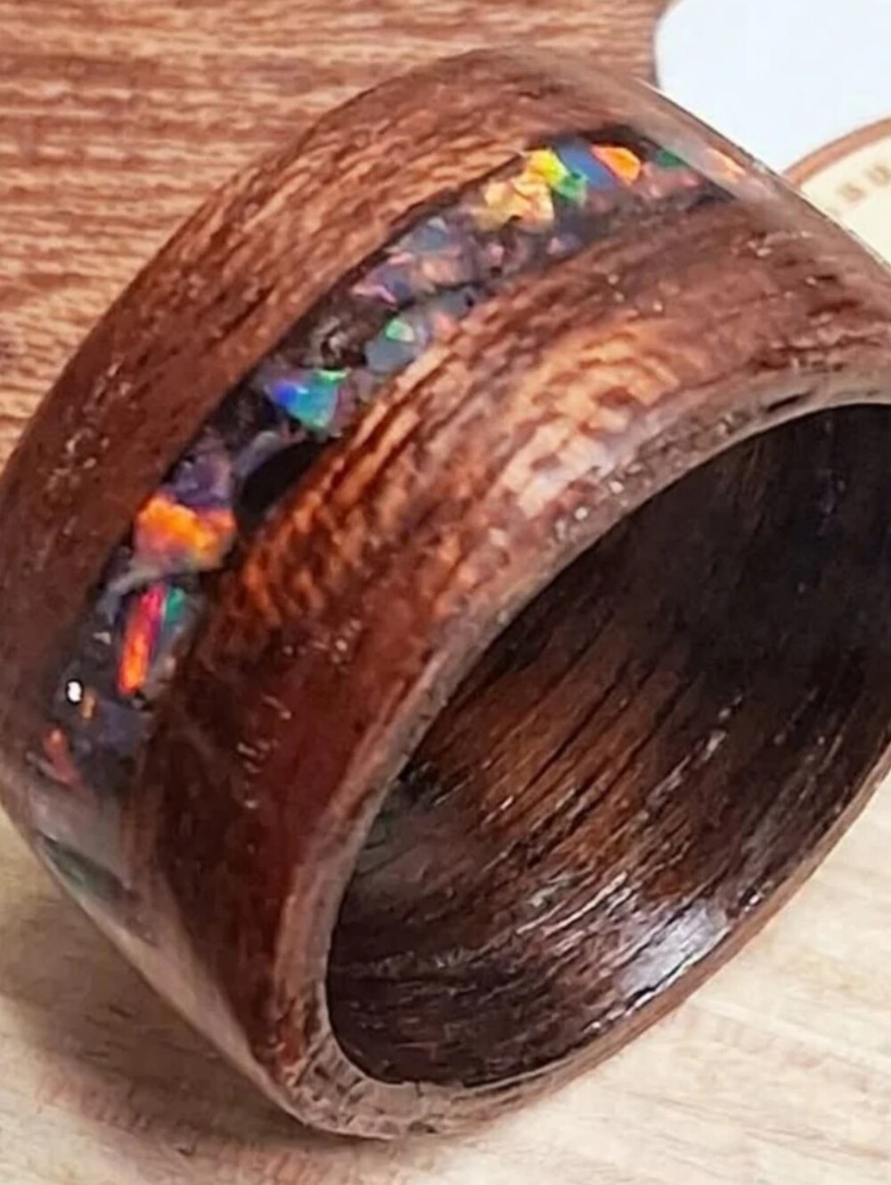 Handmade Wooden Ring with Opal Inlay, Size 9.5 - Men's Jewelry